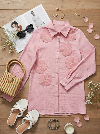 Long Sleeve Applique Split-Joint Lapel Blouses & Shirts Tops