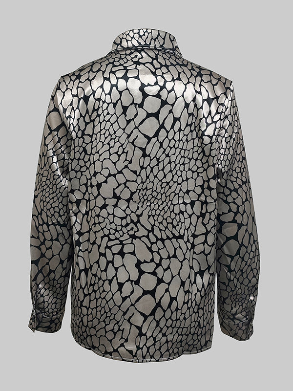 Long Sleeve Loose Buttoned Contrast Color Snakeskin Printed Lapel Blouses & Shirts Tops
