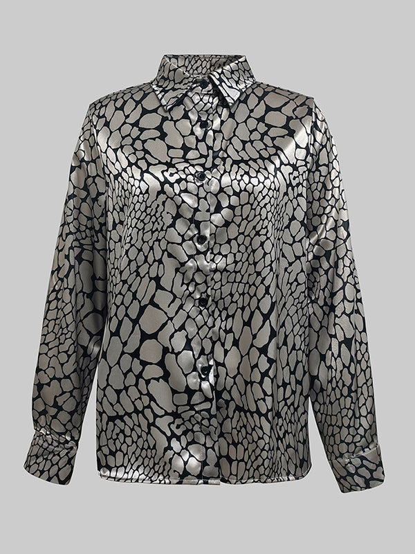 Long Sleeve Loose Buttoned Contrast Color Snakeskin Printed Lapel Blouses & Shirts Tops