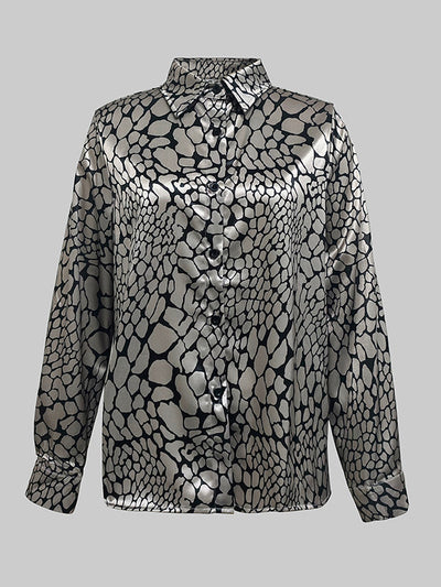 Long Sleeve Loose Buttoned Contrast Color Snakeskin Printed Lapel Blouses & Shirts Tops