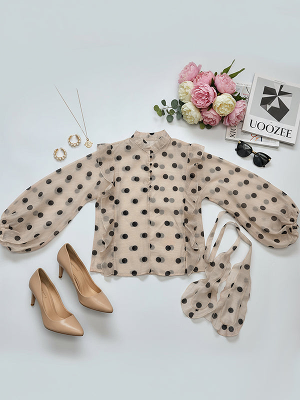 Long Sleeve Loose Buttoned Elastic Polka Dot Ruffle Trim Sheer V-Neck Blouses and Shirts
