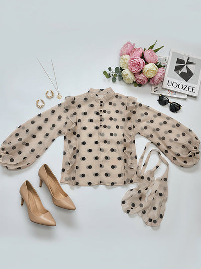 Long Sleeve Loose Buttoned Elastic Polka Dot Ruffle Trim Sheer V-Neck Blouses and Shirts