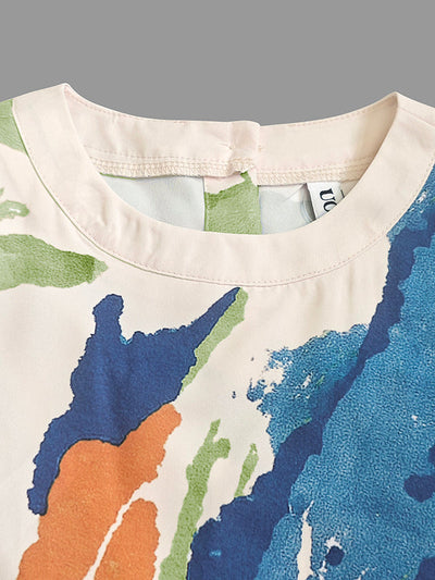 Half Sleeve Loose Buttoned Contrast Color Flower Print Round Neck T-Shirts Tops