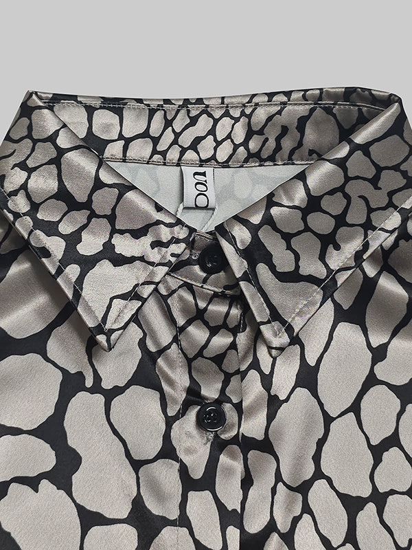 Long Sleeve Loose Buttoned Contrast Color Snakeskin Printed Lapel Blouses & Shirts Tops
