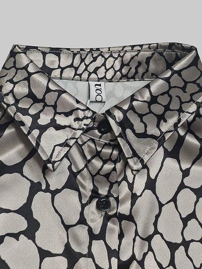 Long Sleeve Loose Buttoned Contrast Color Snakeskin Printed Lapel Blouses & Shirts Tops
