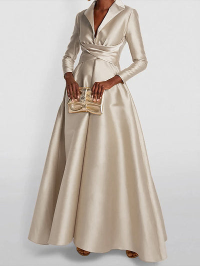 A-Line High Waist Pleated Solid Color V-Neck Maxi Dress
