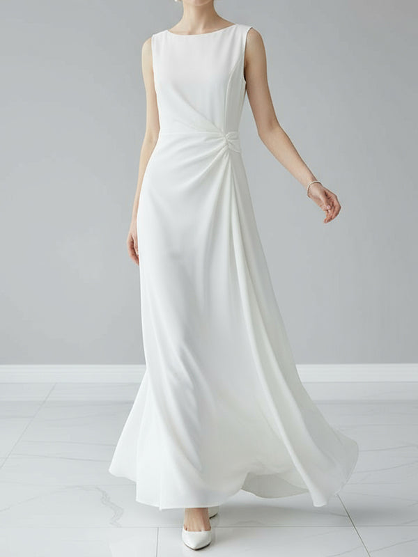 Sleeveless Gauze Pleated Solid Color Split-Joint Round-Neck Evening Dress Maxi Dress