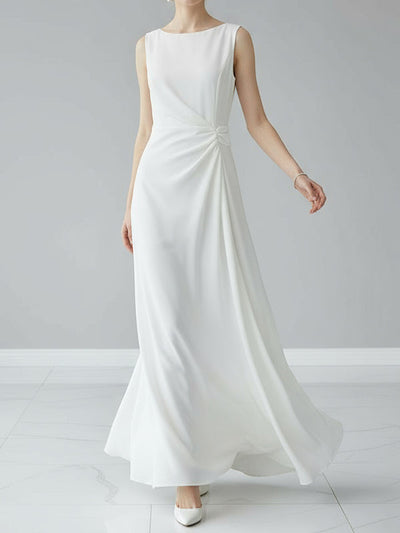 Sleeveless Gauze Pleated Solid Color Split-Joint Round-Neck Evening Dress Maxi Dress