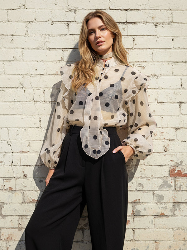 Long Sleeve Loose Buttoned Elastic Polka Dot Ruffle Trim Sheer V-Neck Blouses and Shirts