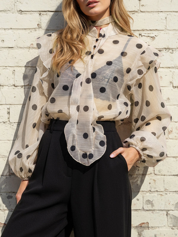 Long Sleeve Loose Buttoned Elastic Polka Dot Ruffle Trim Sheer V-Neck Blouses and Shirts