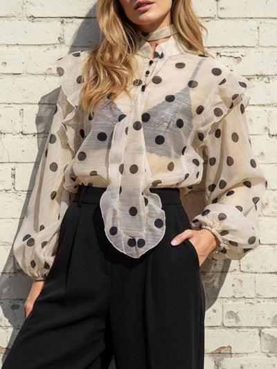 Long Sleeve Loose Buttoned Elastic Polka Dot Ruffle Trim Sheer V-Neck Blouses and Shirts